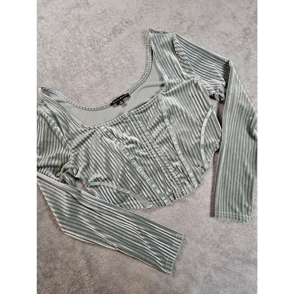 Sage Green Ribbed Velvet Corset Top Long Sleeve Hook Eye Crop L fairy garden y2k